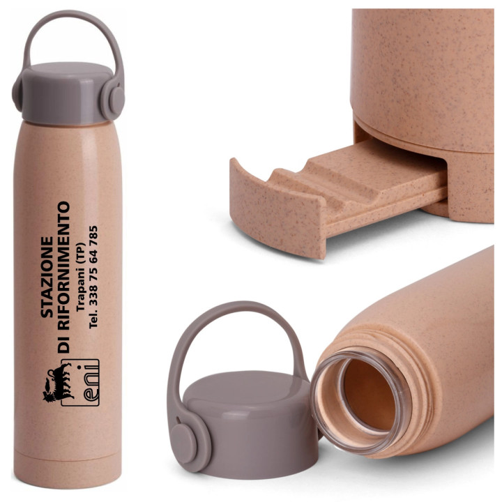 Borraccia porta cellulare in Acciaio e Paglia di Frumento da 380 ml.